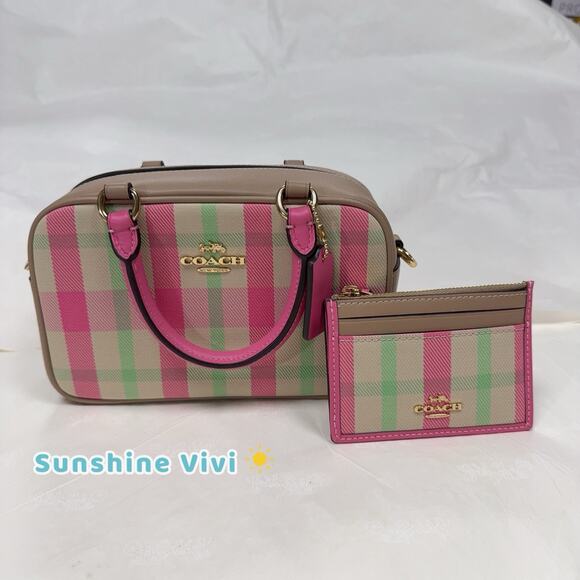 NWT Bundle COACH Satchel Crossbody Bag Plaid Gold/Pink CBI90 & CBL88 ID Case - Picture 1 of 15